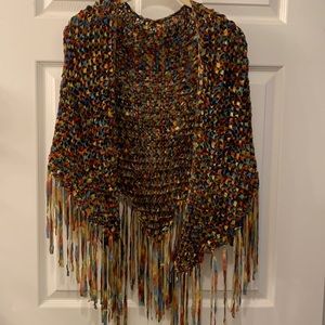 KNITTED RIBBON SHAWL HANDMADE OSZ MULTI COLORED BLUE/RUST OMBRÉ NEVER WORN